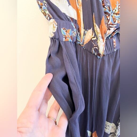 Free People Island Time Blue Floral Wide Leg Jumpsuit One Shoulder cropped boho - Picture 6 of 12
